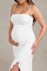 Susan | White Maternity Bandeau Ruffle Maxi Dress With Thigh Splits