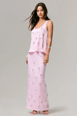 Lena | Pink Satin Embellished Maxi Skirt
