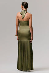 Sansa | Khaki Satin Cross Halter-Neck Plisse Maxi Dress