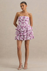 Swirl | Cream Floral Print Bandeau Puffball Mini Dress With Ruffle Detail
