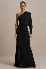 Lola | Black Asymmetric-Neck Maxi Dress With Ruched Detailing And Front High-Split