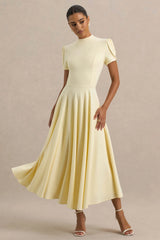 Vicky | Lemon High Neck Midi Dress With Puff Sleeves