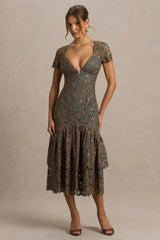 Sabrina | Dark Green And Rust Embroidered Plunge-Neck Midi Dress