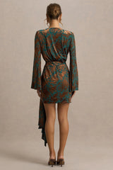 Dimitra | Dark Green And Brown Velvet Devore Plunge-Neck Wrap Mini Dress