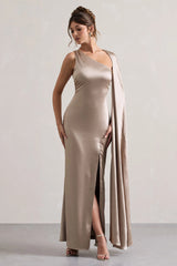 Gala | Taupe Satin One-Shoulder Cape Sleeve Split Maxi Dress