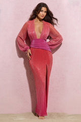 Sky Dance | Pink & Orange Ombre Chiffon Balloon-Sleeved Split Maxi Dress