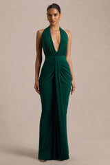 Lesley | Bottle Green Plunge-Neck Maxi Dress