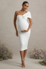 Admired | White Ruched One-Shoulder Maternity Midi Dress