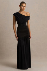 Kady | Black Asymmetric-Neck Maxi Dress With Ruched Detailing and Front-High Split