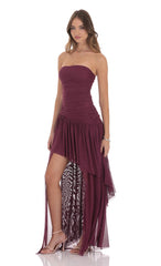 Mesh Asymmetrical High Low Maxi Dress in Plum