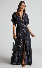 Erenza Maxi Dress - Extended Sleeve Wrap Dress in Black Flower Field