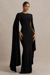 Briony | Black Crew-Neck Maxi Dress With Cape Sleeves