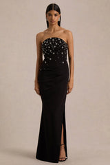 Saphira | Black Hand-Embellished Bandeau-Neck Maxi Dress