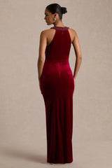 Darya | Burgundy Velvet Embellished High-Neck Maxi Dress