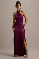 Sansa | Burgundy Satin Cross Halter-Neck Plisse Maxi Dress
