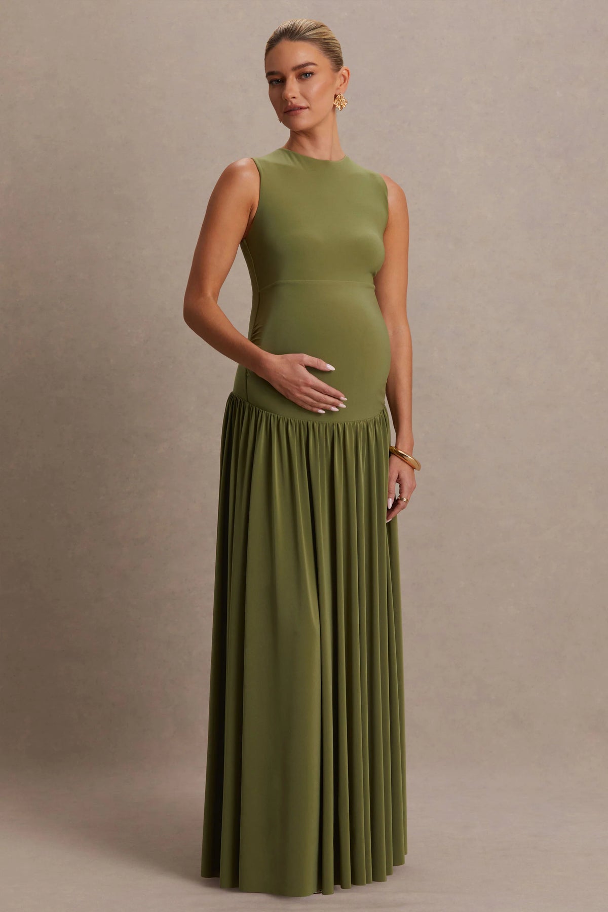 Outline | Olive High-Neck Maternity Maxi Dress With Draped Skirt