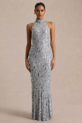 Zaira | Silver Sequin High-Neck Maxi Dress With Open-Back