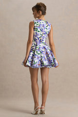 Gabrielle | Purple Lily Print High-Neck Mini Dress With Ruffling Detail