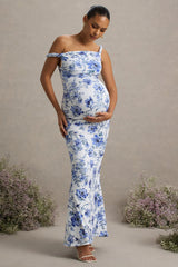 Lita | Blue Floral Print Twisted Asymmetric Maternity Maxi Dress
