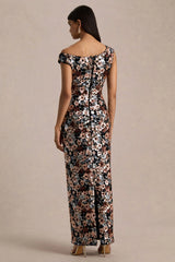 Electric | Black Sequin Floral Velvet Asymmetric-Neck Maxi Dress