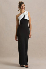 Kiri | Black & White One-Shoulder Bow Maxi Dress