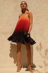 Tropical | Orange Ombre Satin Mini Dress With Ruffle Hem