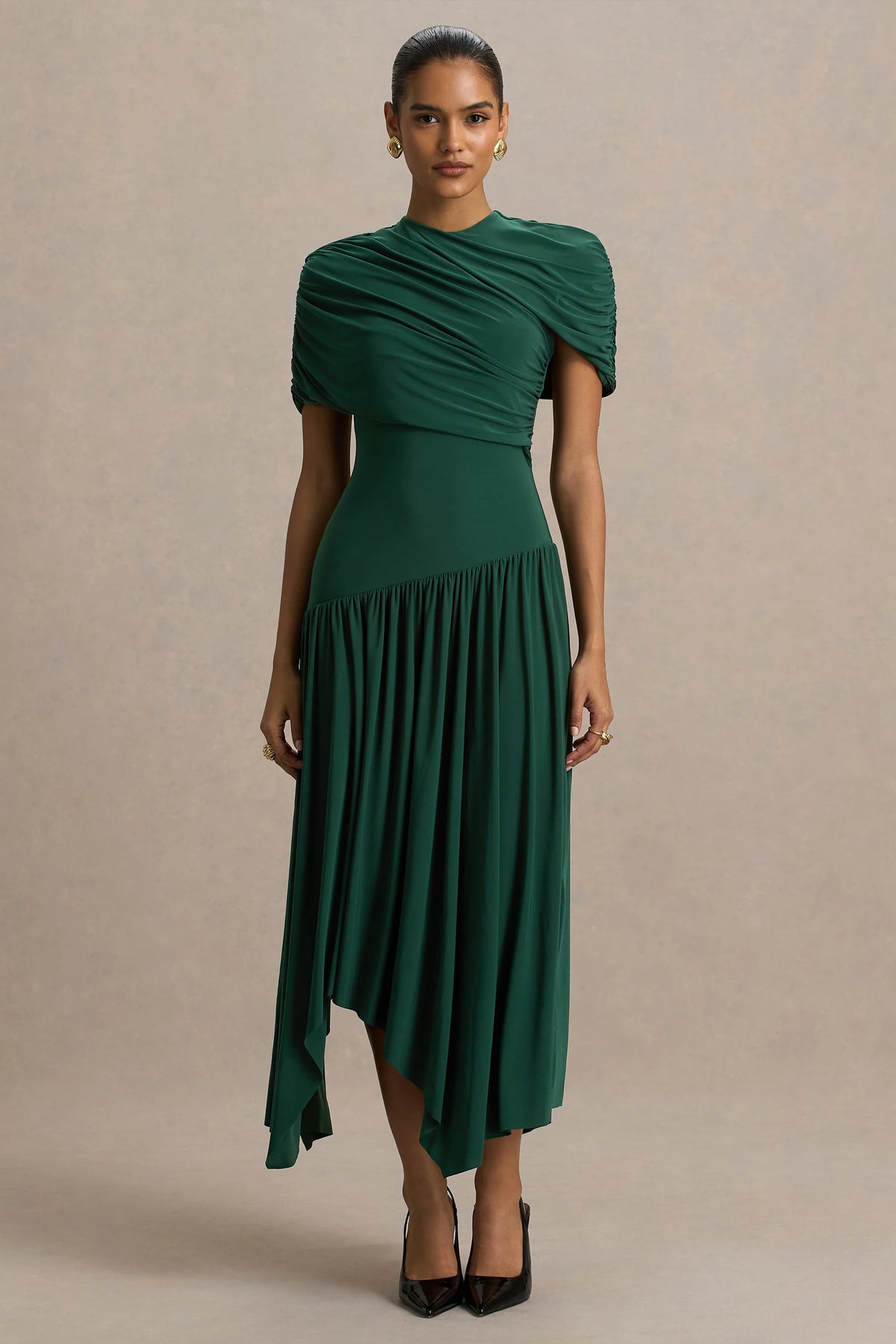 Ione | Teal Wrapped Midi Dress With Hanky Hem