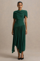 Ione | Teal Wrapped Midi Dress With Hanky Hem