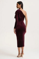 Vespera | Burgundy Velvet Asymmetric Neck Midi Dress With Bow Detail