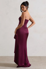 Ace | Plum Satin Bandeau Split Maxi Dress With Ruffle Drape