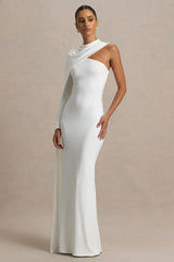 Dawn | Cream High-Neck Maxi Dress With One Long-Sleeve And Cape