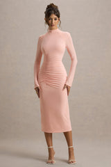 Cassandra | Pink High-Neck Long-Sleeve Midi Dress