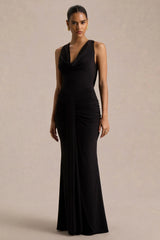 Mallie | Black Cowl-Neck Maxi Dress With Gathered-Detailing