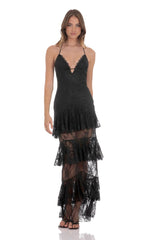 Sheer Lace Ruffle Maxi Dress in Black