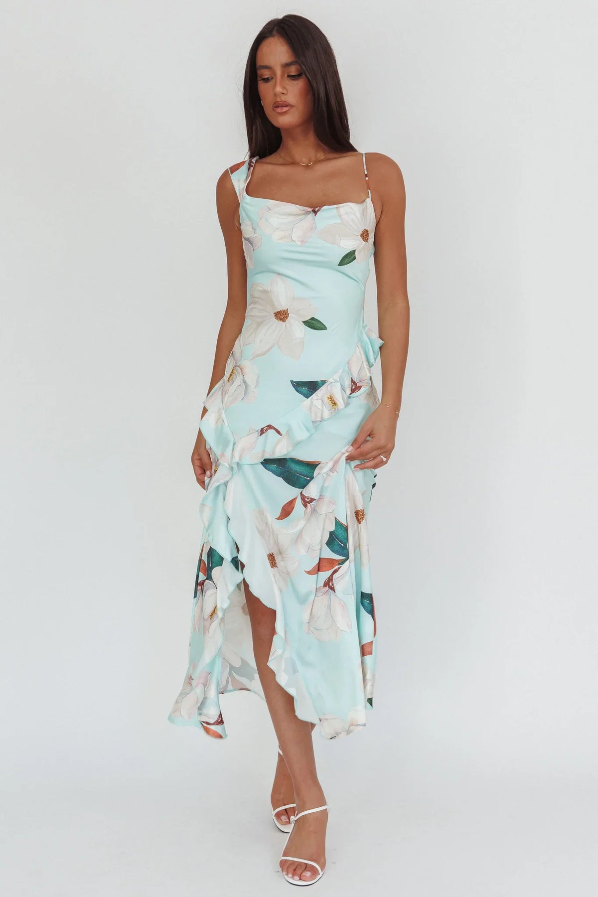 Sunshine Eternity Asymmetric Neckline Ruffle Maxi Dress Floral Mint