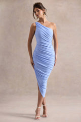 Dorit | Sky Blue One Shoulder Asymmetric Ruched Midi Dress