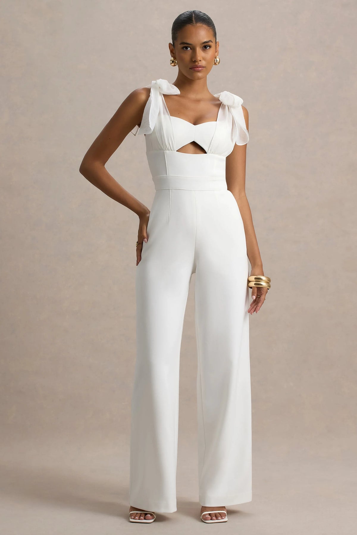 Claudelle | White Flared-Leg Jumpsuit With Organza Bow Straps