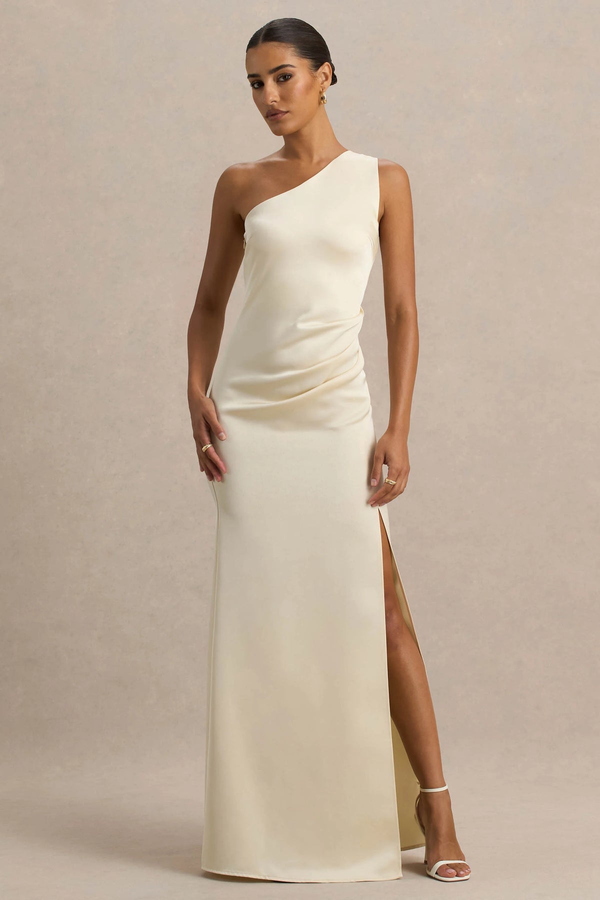 Beth | Pale Lemon Asymmetric Neckline High-Split Maxi Dress