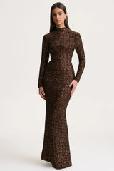 Galaxy | Brown Sequin Turtle-Neck Long-Sleeve Maxi Dress