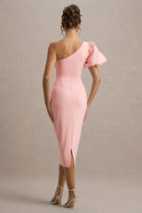 Aimee | Pink Asymmetric Puff-Sleeve Midi Dress