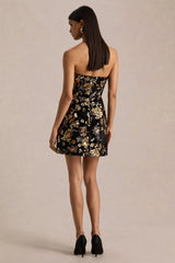 Valeri | Black Velvet Bandeau Mini Dress With Bronze Floral Sequin