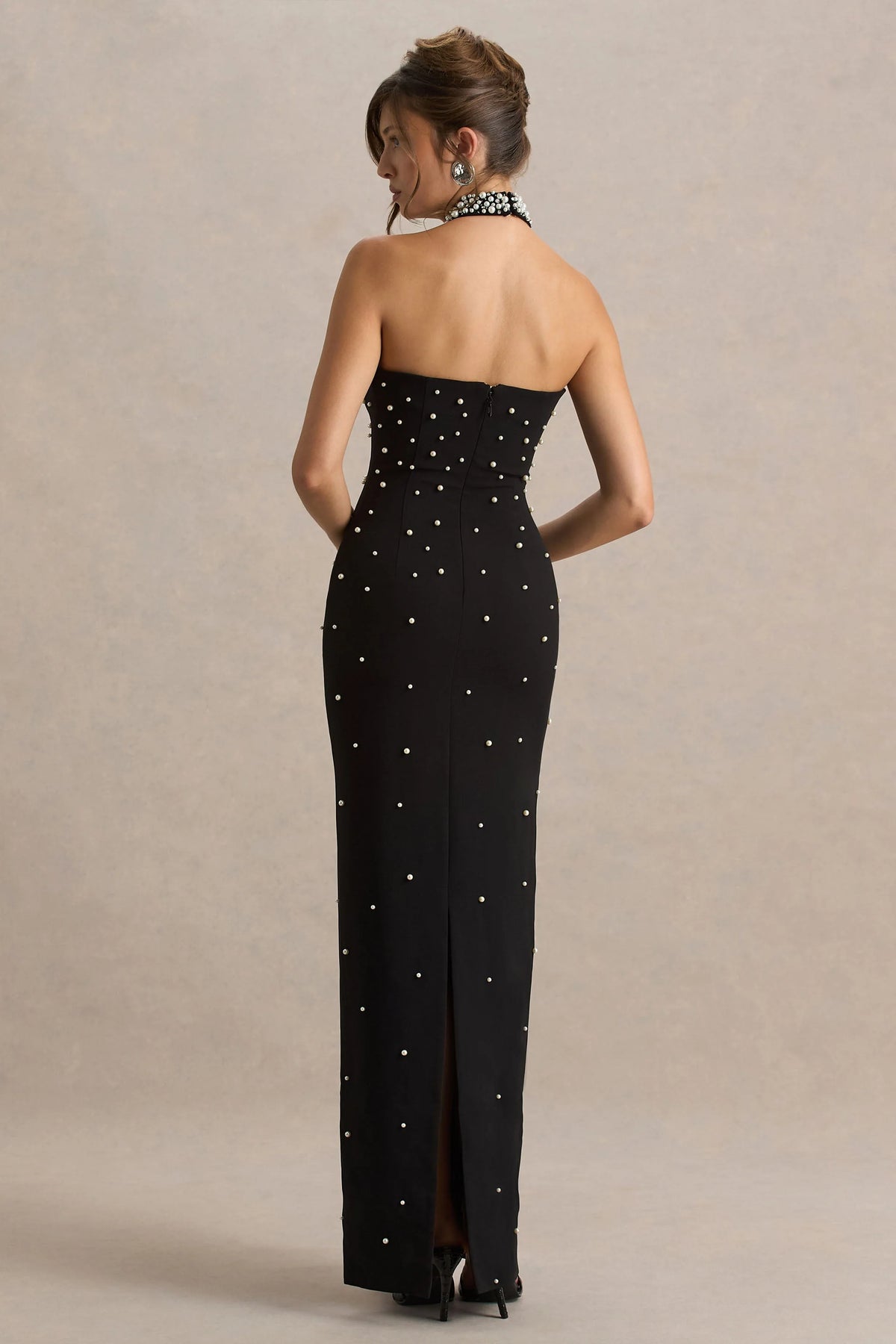 Dani | Black Hand-Embellished Halter-Neck Maxi Dress