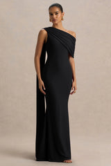 Zendaya | Black Asymmetric-Neck Fishtail Maxi Dress With Cape Detail