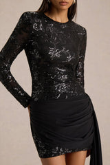 Florecita | Black Embellished Lace Crew-Neck Mini Dress With Sash Detail
