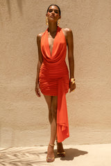Centrepiece | Orange Cowl-Neck Wrap Mini Dress With Sash