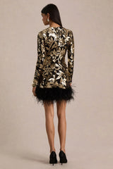Lara | Black And Gold Sequin Print High-Neck Mini Dress With Feather Trim