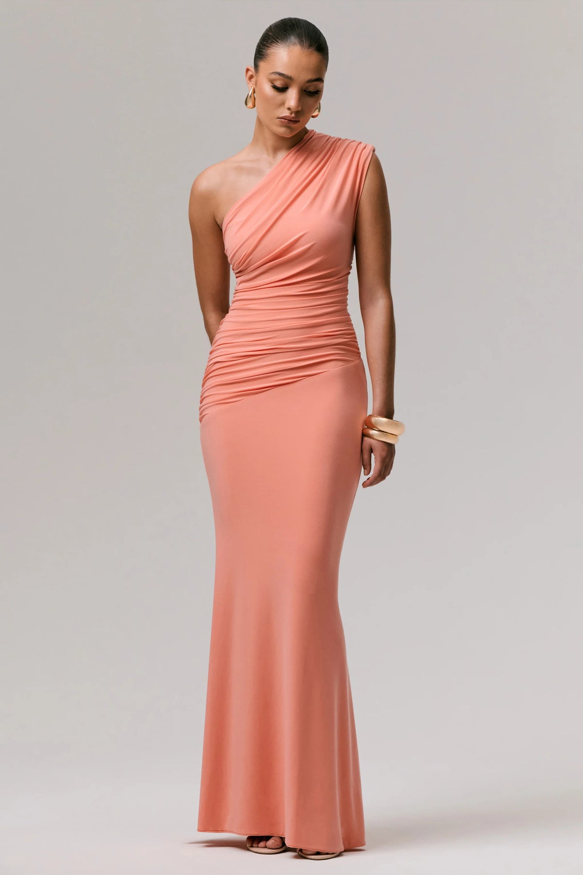 Mardi | Coral Asymmetric Maxi Dress With Ruching