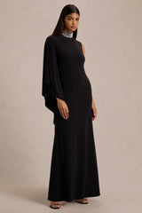 Oriana | Black Embellished High-Neck Maxi Dress With One-Cape Sleeve