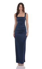 Satin Bodycon Maxi Dress in Navy