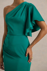 Unforgettable | Bottle Green Asymmetric-Neck Maxi Dress With Ruched Detailing